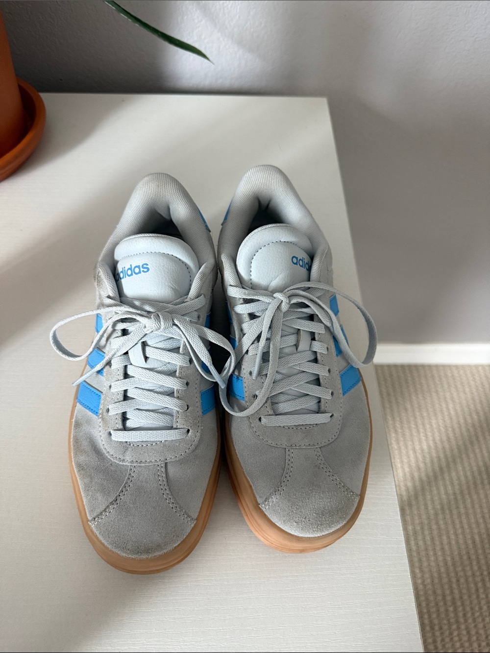 adidas Gray Suede Sneakers with Light Blue Stripes